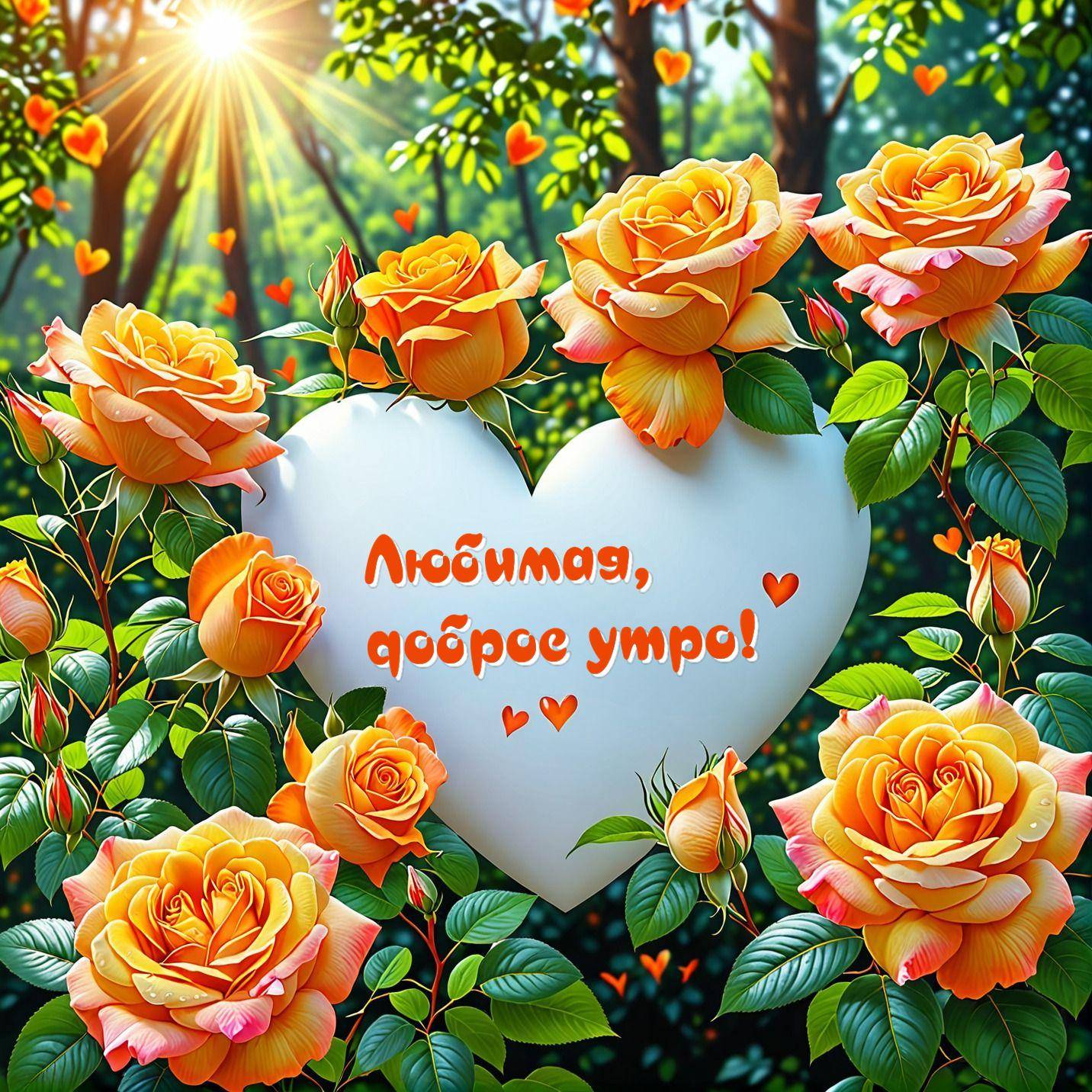 Утро, яркие оранжевые розы, белое сердце и солнечный свет