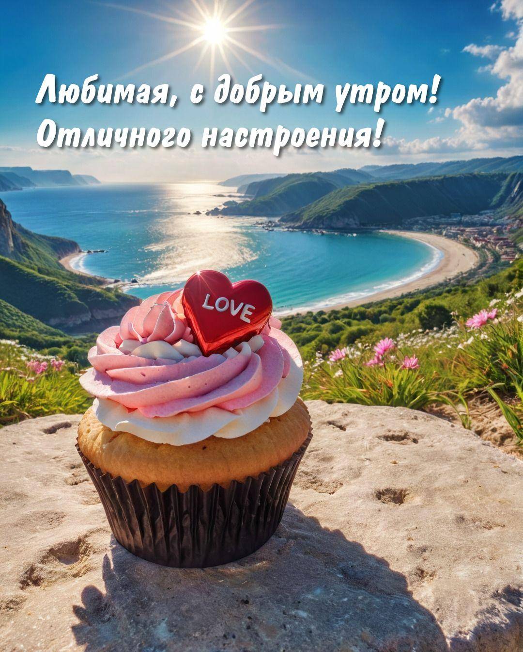 Утро, яркий кекс с сердечком LOVE на фоне пейзажа