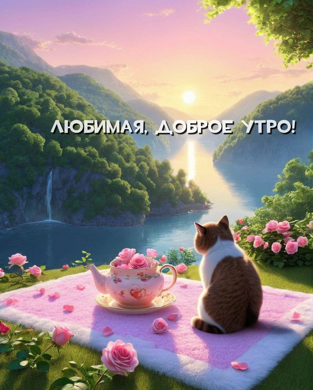 Утро, закатный пейзаж с кошкой и чайником на пледе