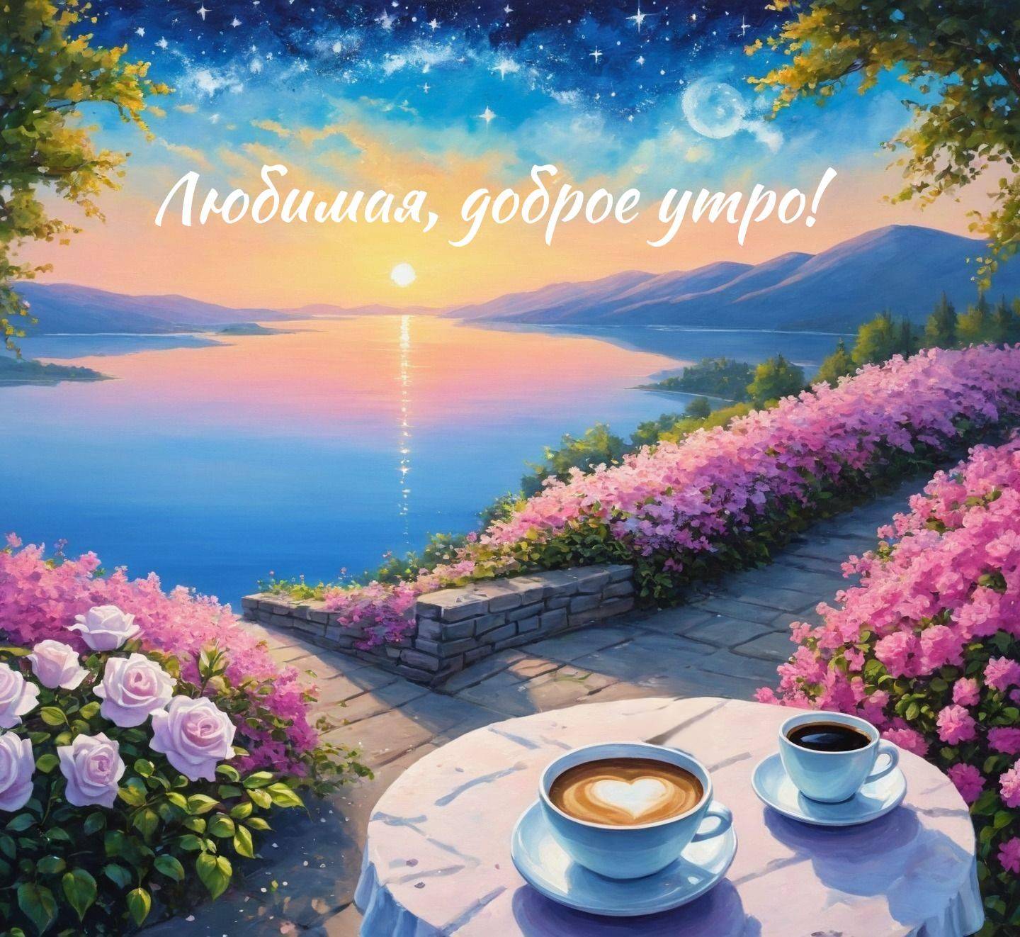 Утро, закатное озеро с чашками кофе и сердцем на пене