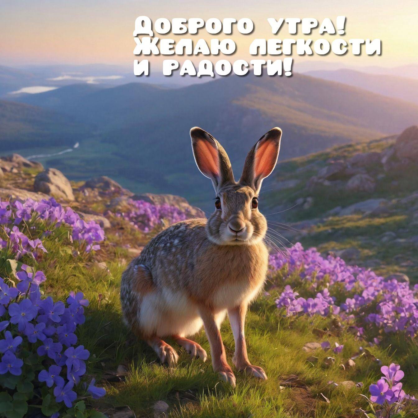 Утро, заяц на траве среди фиолетовых цветов
