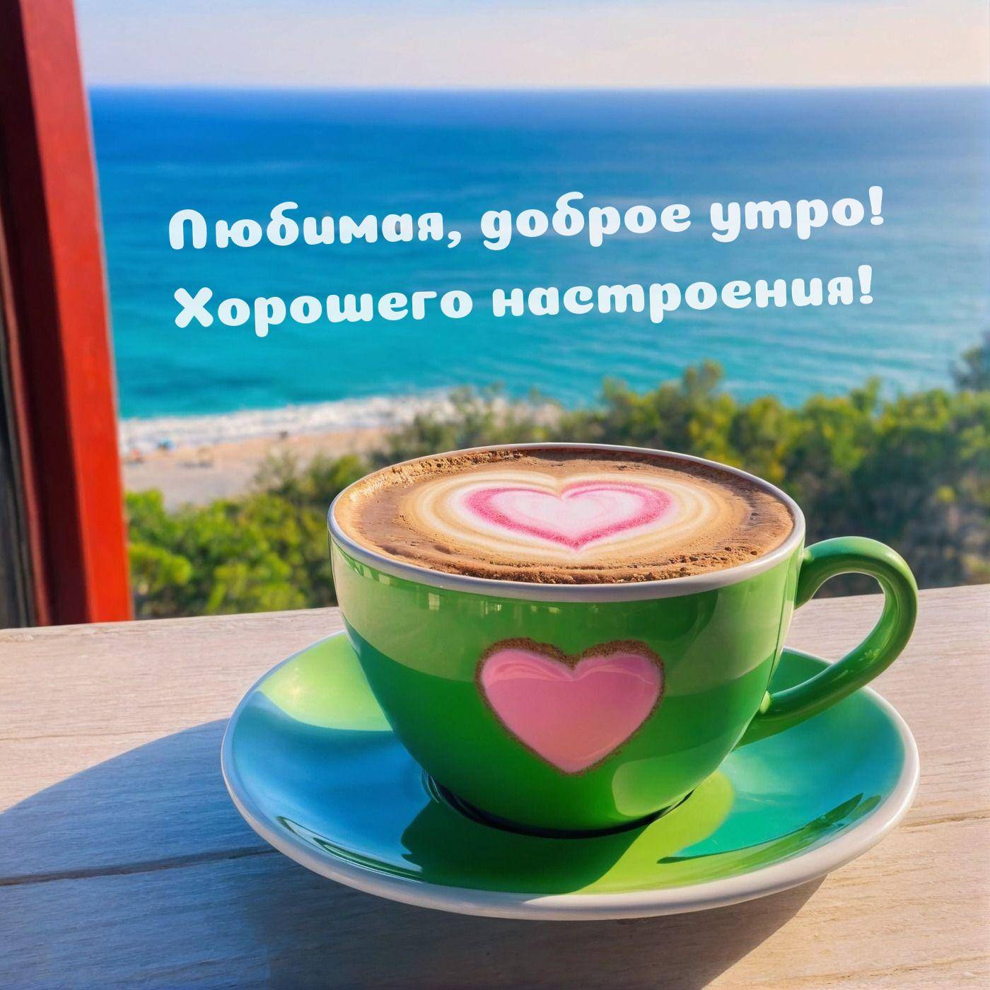 Утро, зелёная чашка с кофе и сердечком