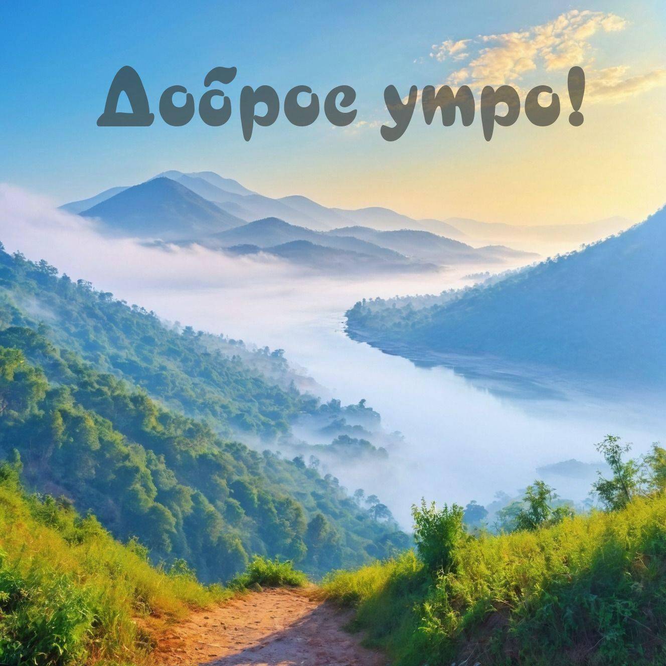 Утро, живописная горная сцена с рекой и лесами