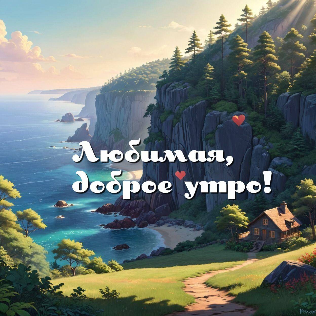 Утро, живописная прибрежная сцена с скалами и сердечками