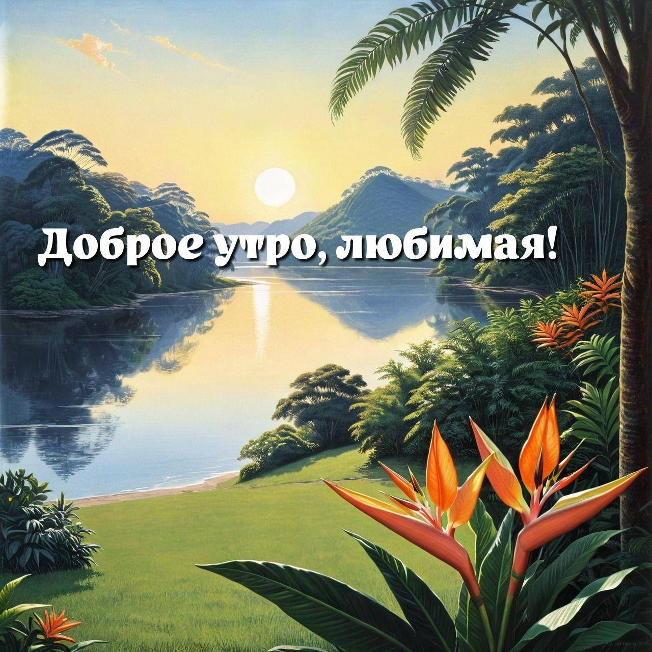 Утро, живописная тропическая сцена с рекой и закатом