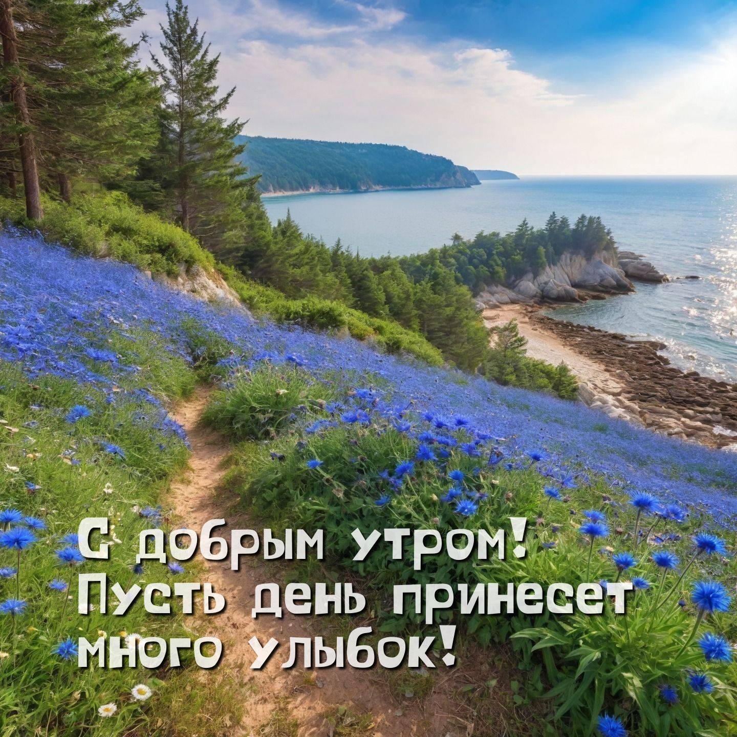 Утро, живописная тропинка среди синих цветов и деревьев