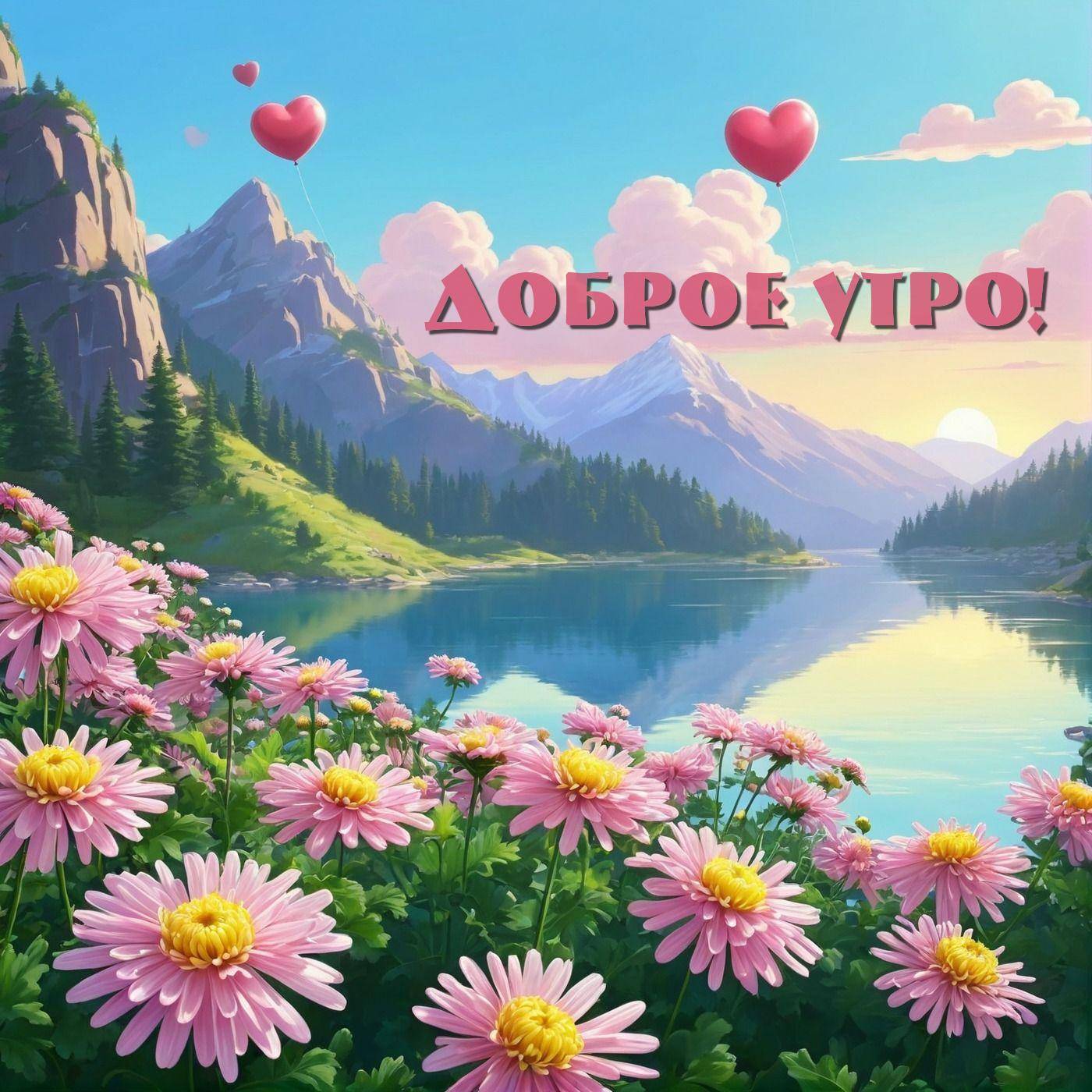 Утро, живописный горный пейзаж с озером, цветами и горами