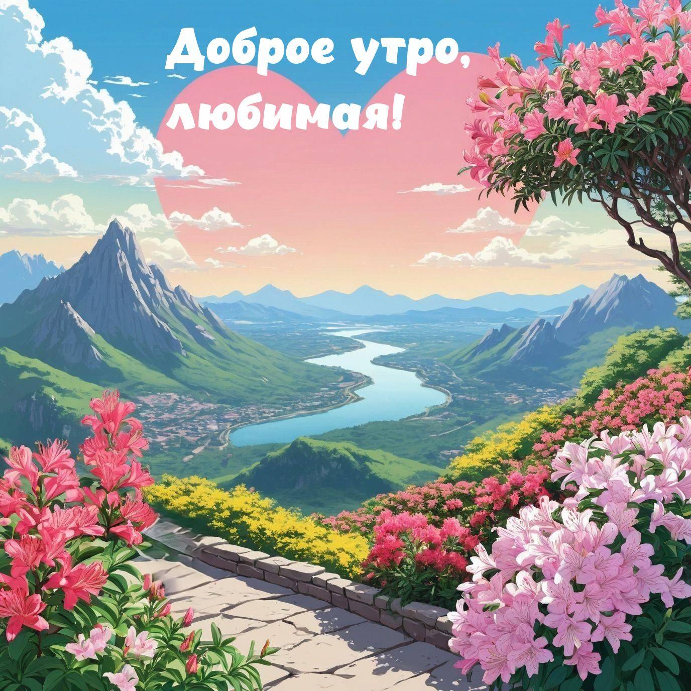 Утро, живописный пейзаж с горными вершинами и цветами