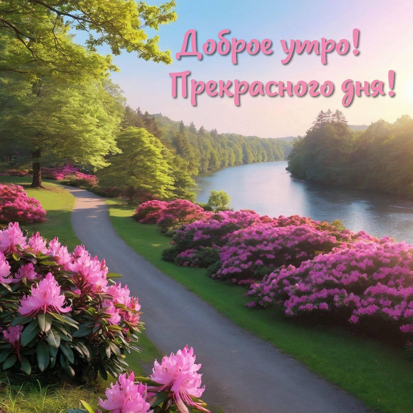 Утро, живописный пейзаж с рекой и зелёным берегом