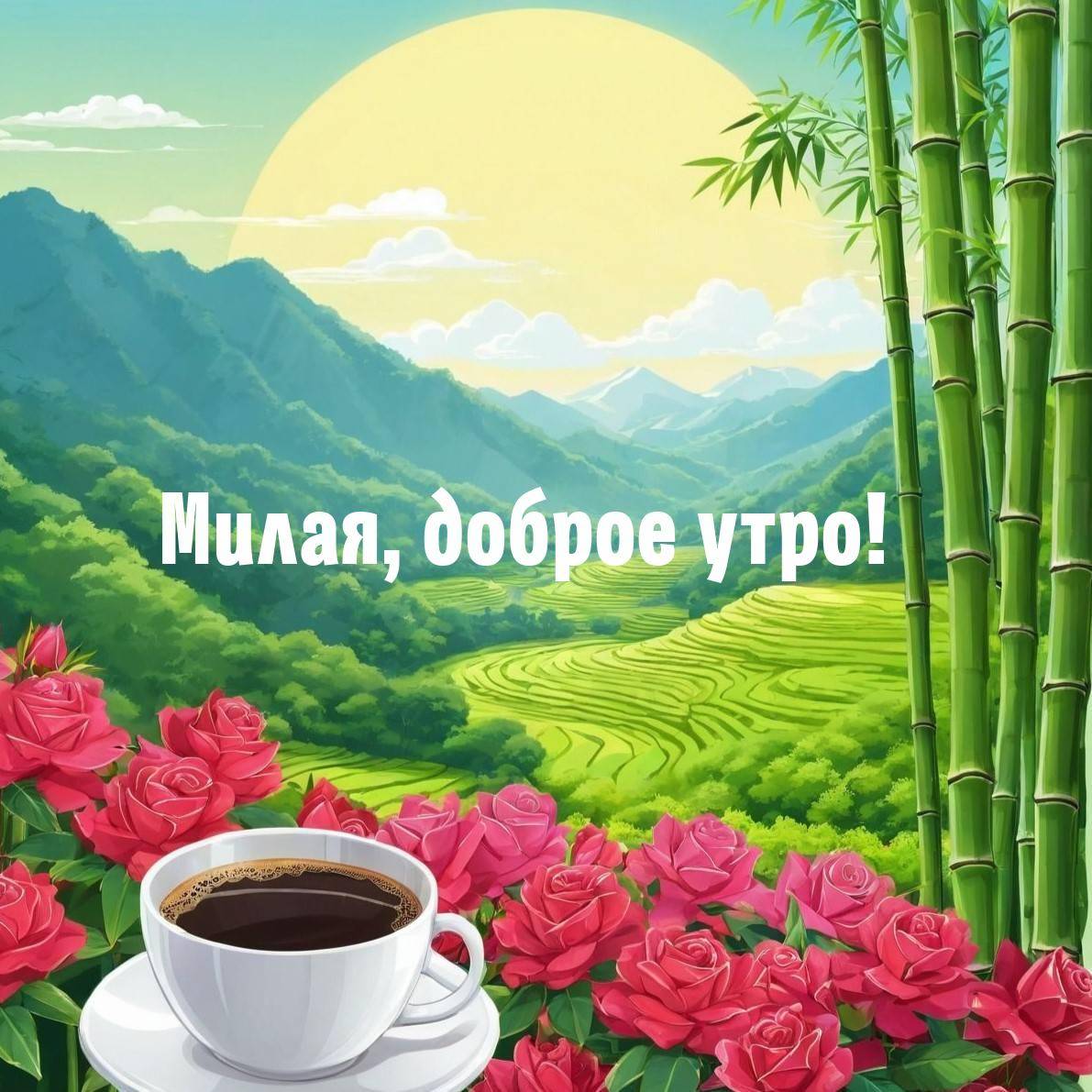 Утро, живописный пейзаж с террасированными полями и чашкой кофе