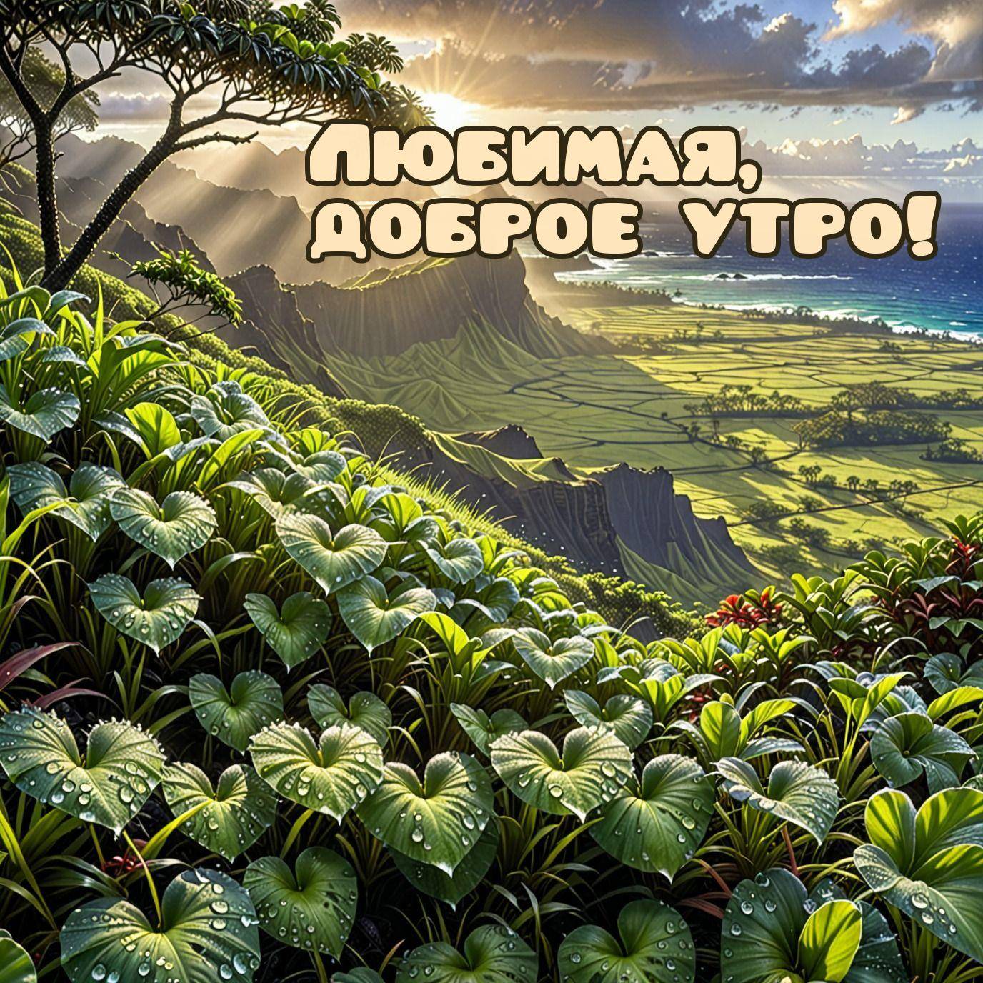 Утро, живописный тропический пейзаж с растениями и горным фоном