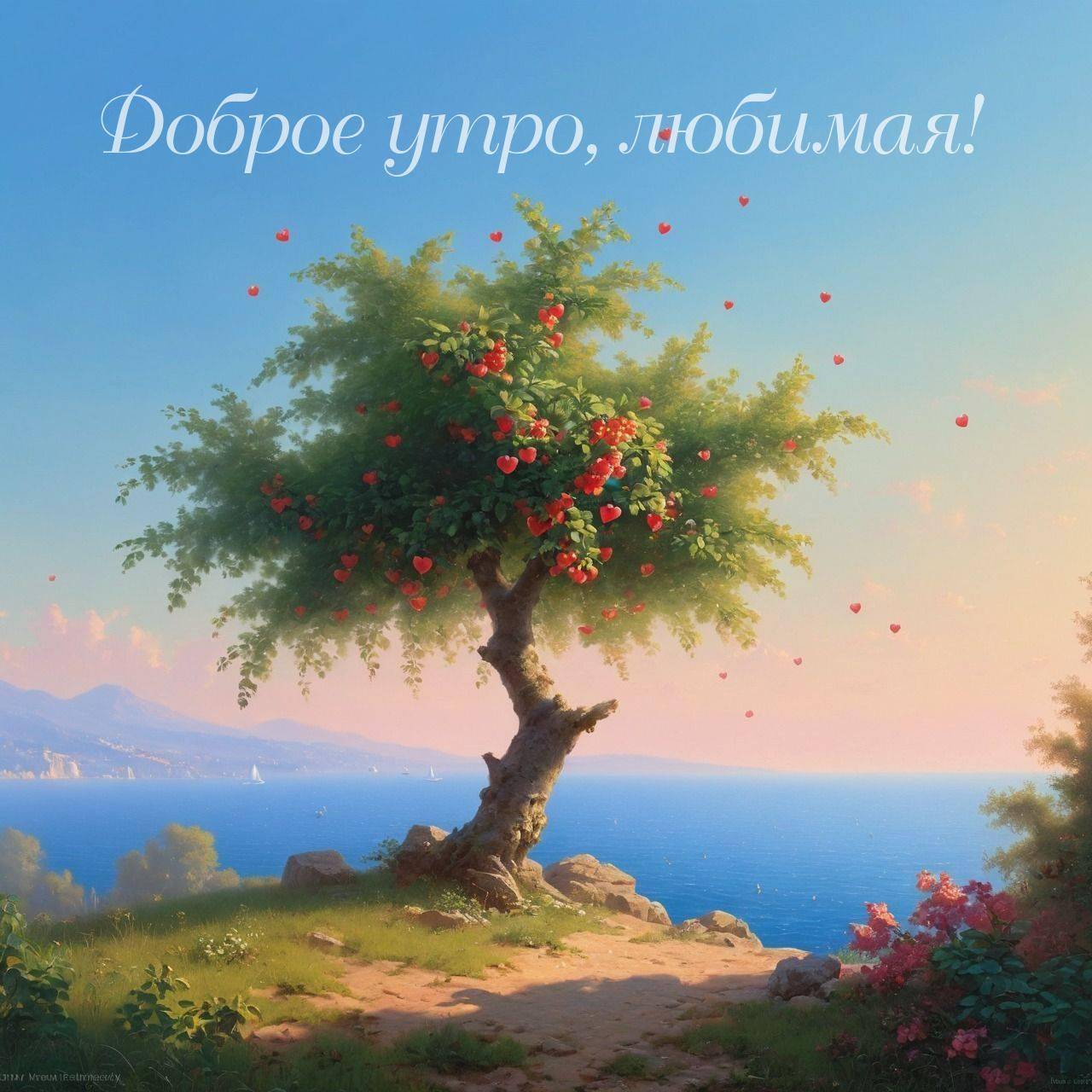 Утро, живописное дерево с зелеными листьями и красными плодами