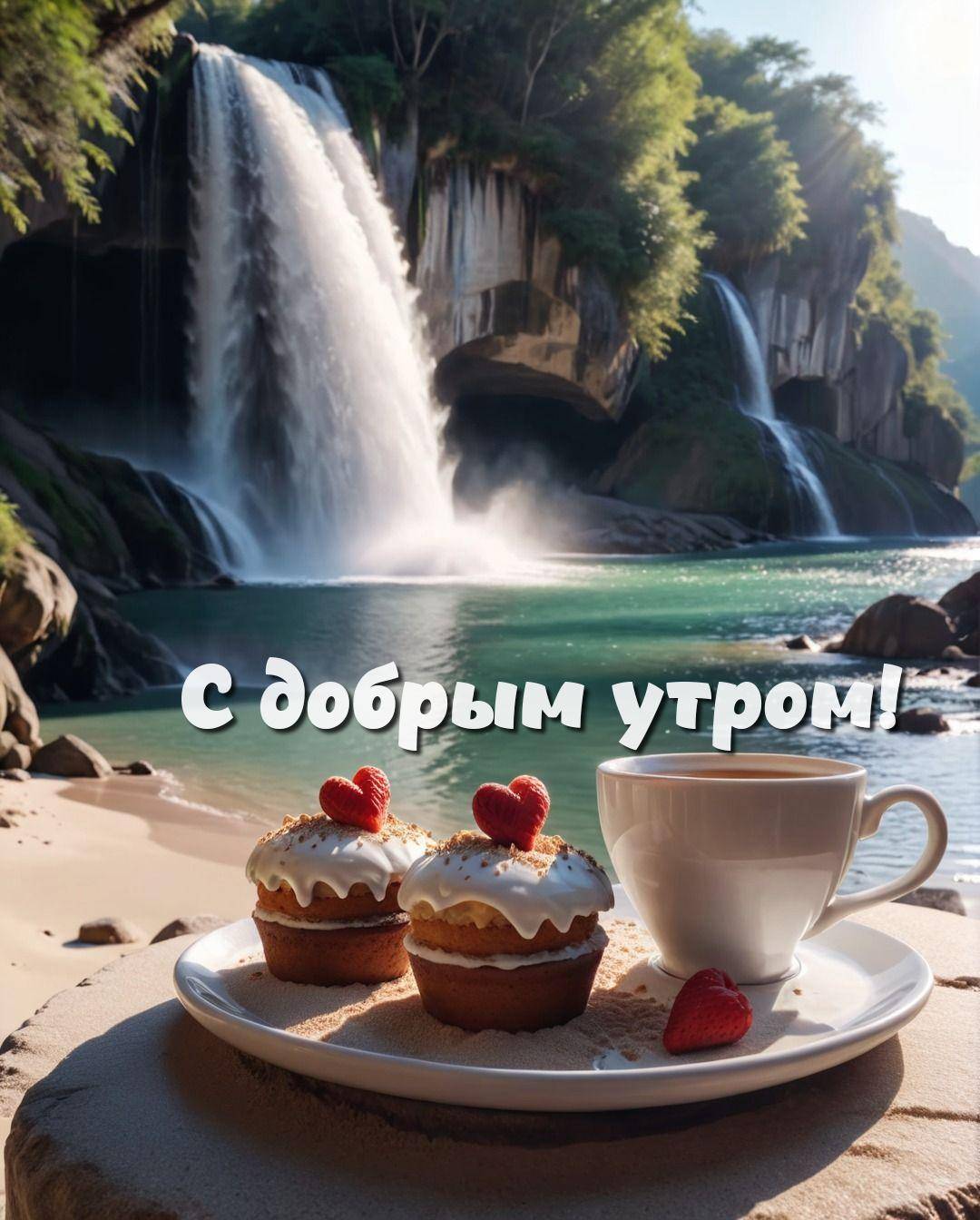 Утро, живописное место с водопадом и десертами