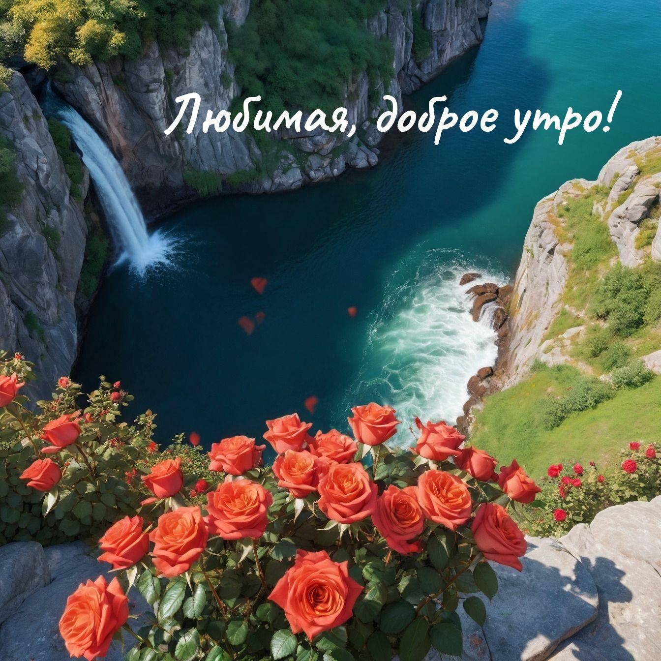 Утро, живописное ущелье с водопадом и изумрудным озером