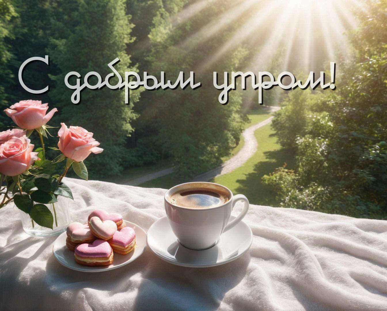 Утро, alt,Белая чашка с кофе и печенья, столик под солнцем