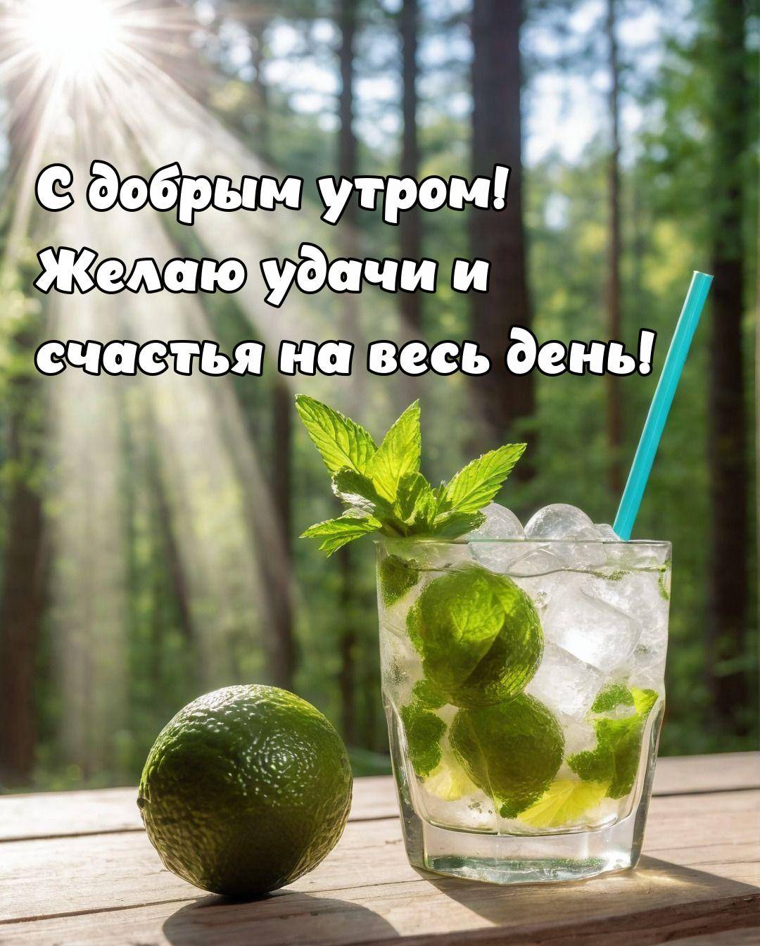 Утро, alt,Освещённый лес с напитком в стекле, украшенным мятой, льдом и лаймом