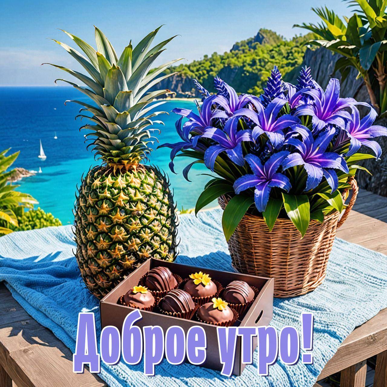 Утро, ананас, цветы и шоколад на фоне моря