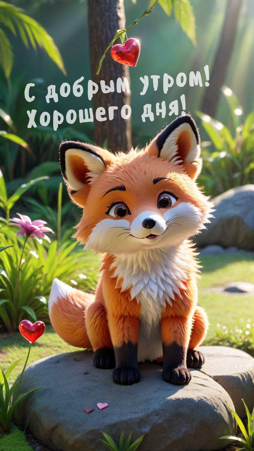Утро, анимационная лисичка на камне в лесу