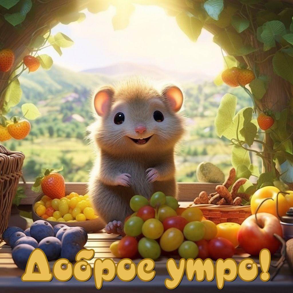 Утро, анимационный хомяк за столом с фруктами и ягодами