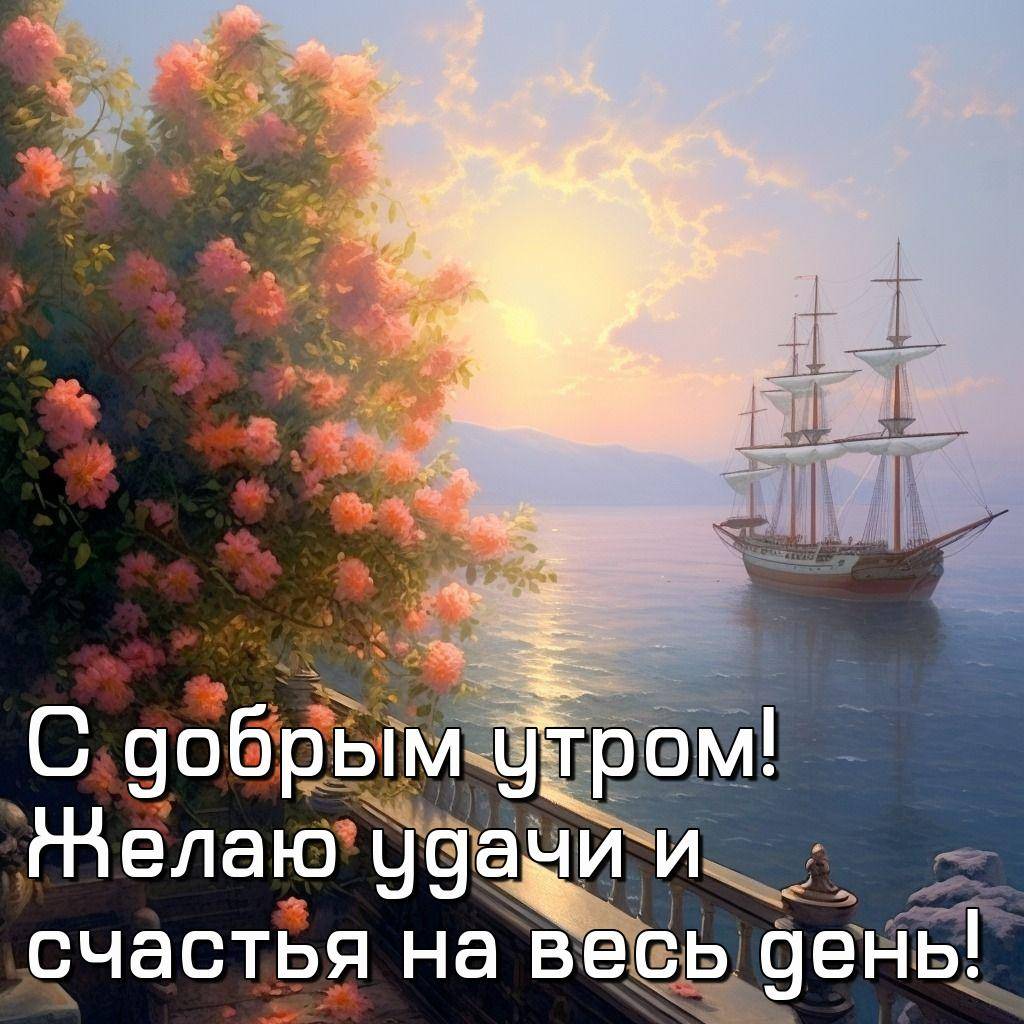 Утро, балкон, цветы, море, корабль и закат.