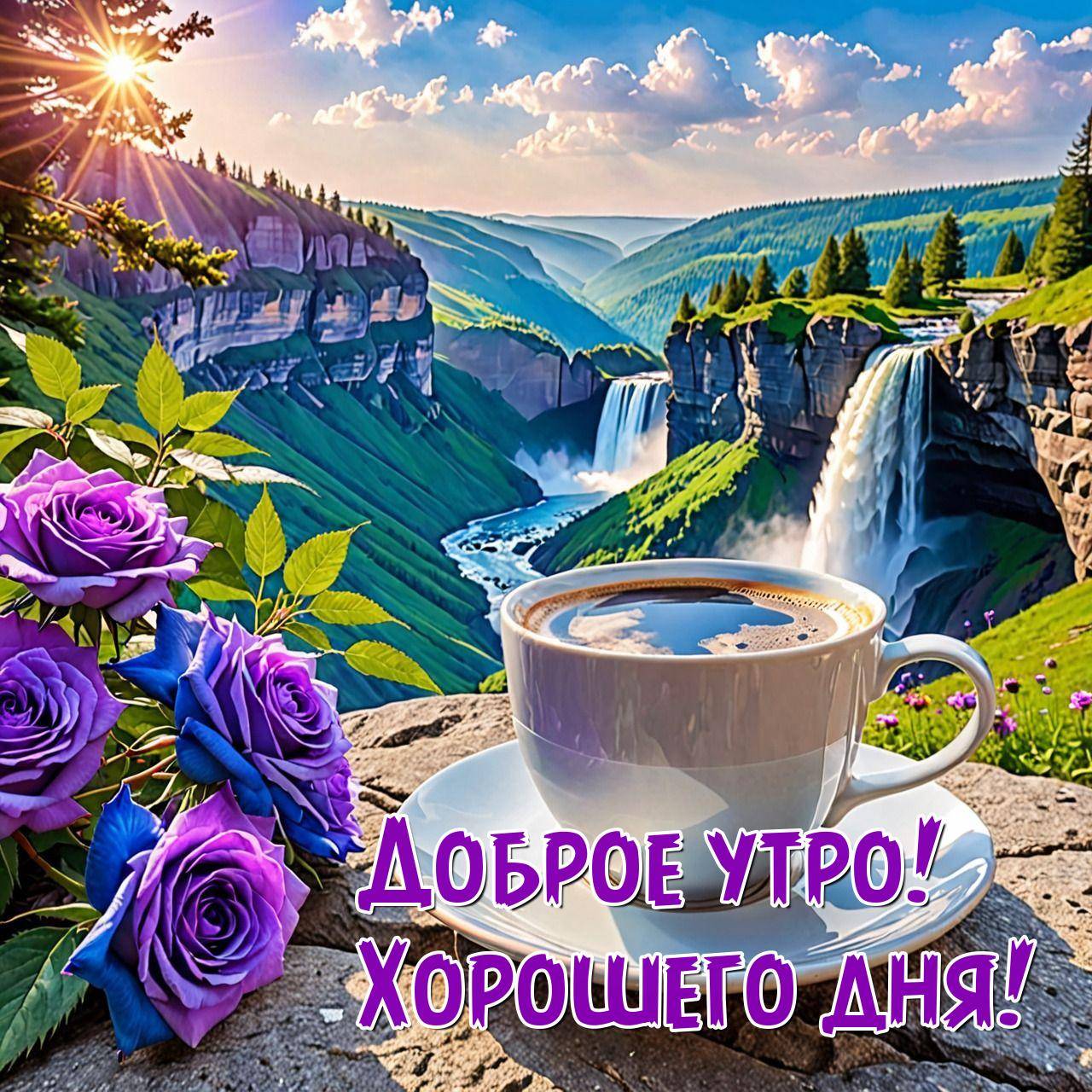 Утро, белая чашка на фоне водопада