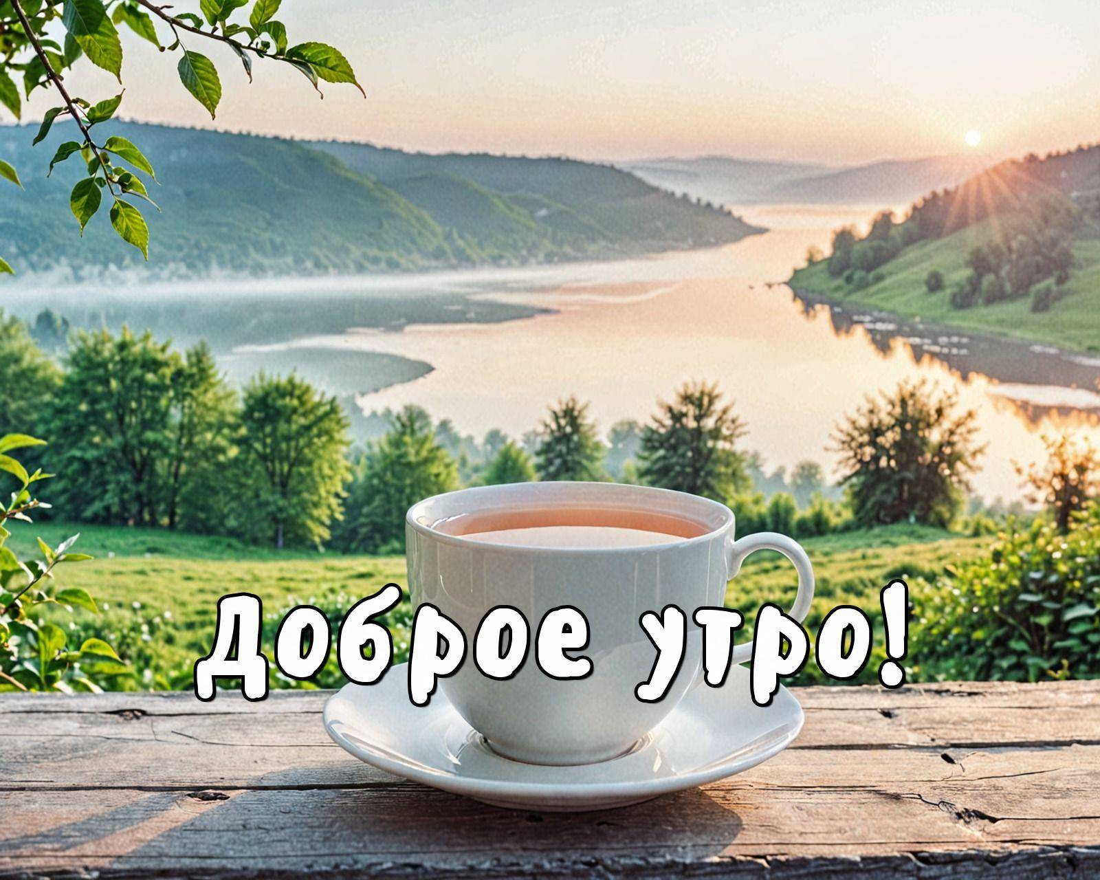 Утро, белая чашка с чаем на деревянной поверхности