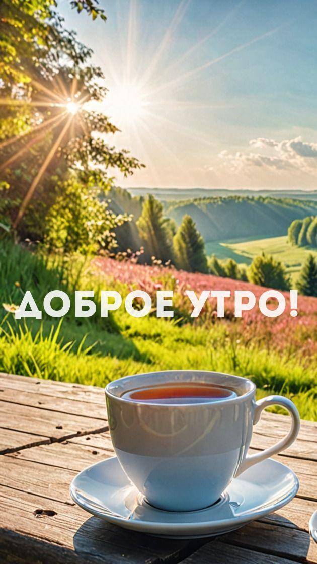 Утро, белая чашка с чаем на столе