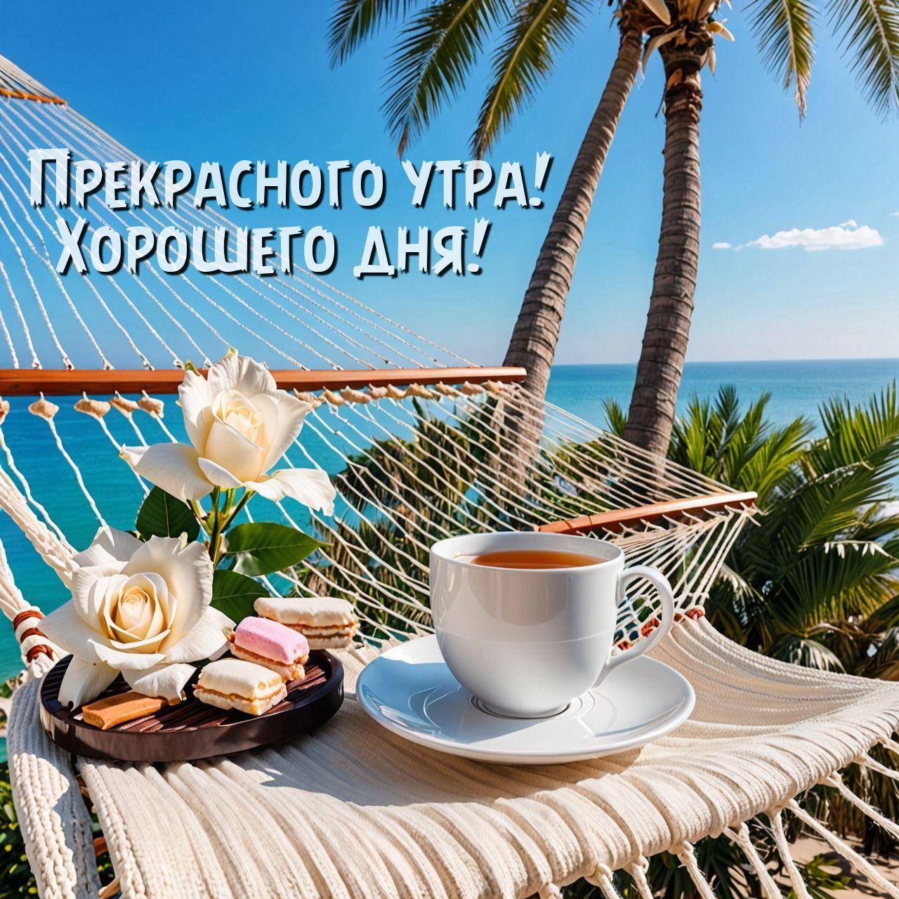 Утро, белая чашка с чаем, сладости и розы на гамаке у моря