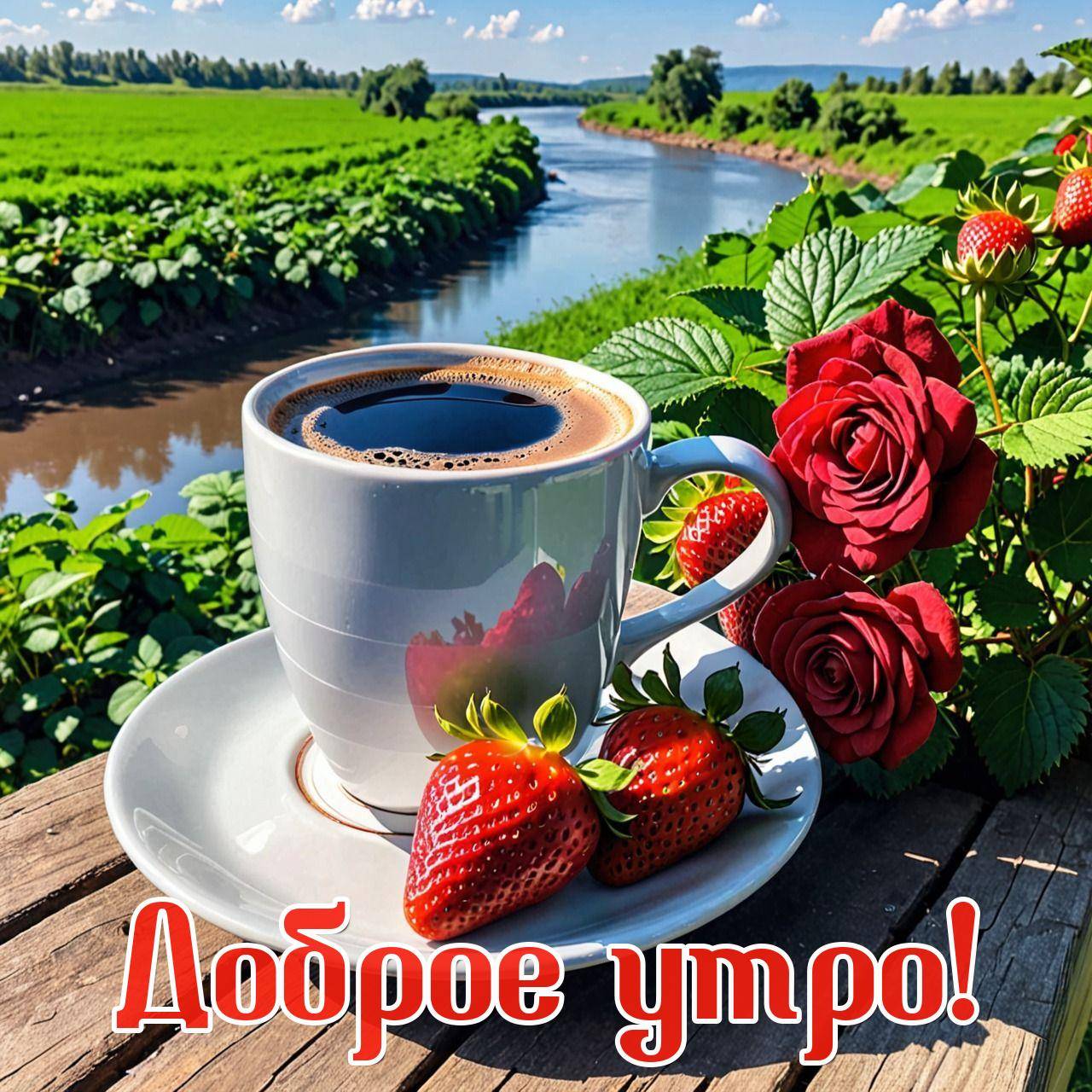 Утро, белая чашка с кофе и клубника