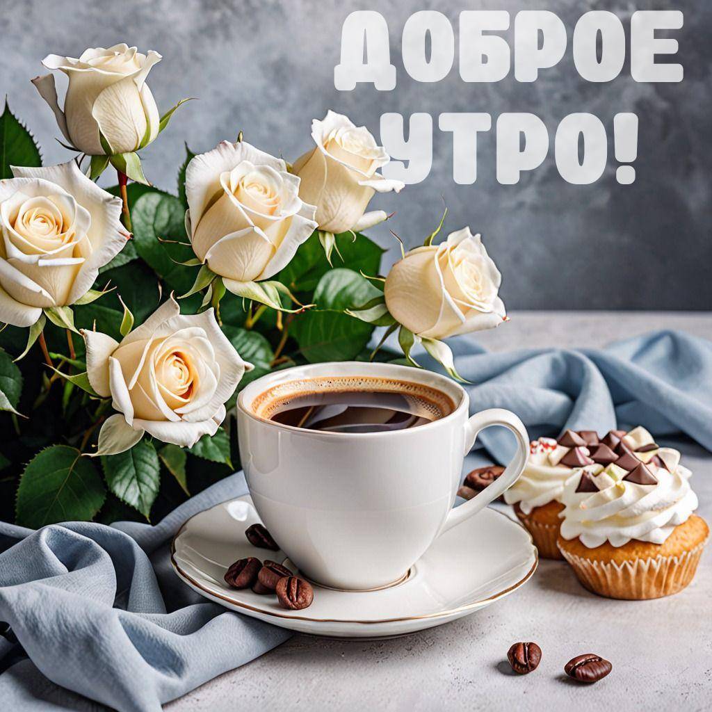 Утро, белая чашка с кофе, розы и кекс