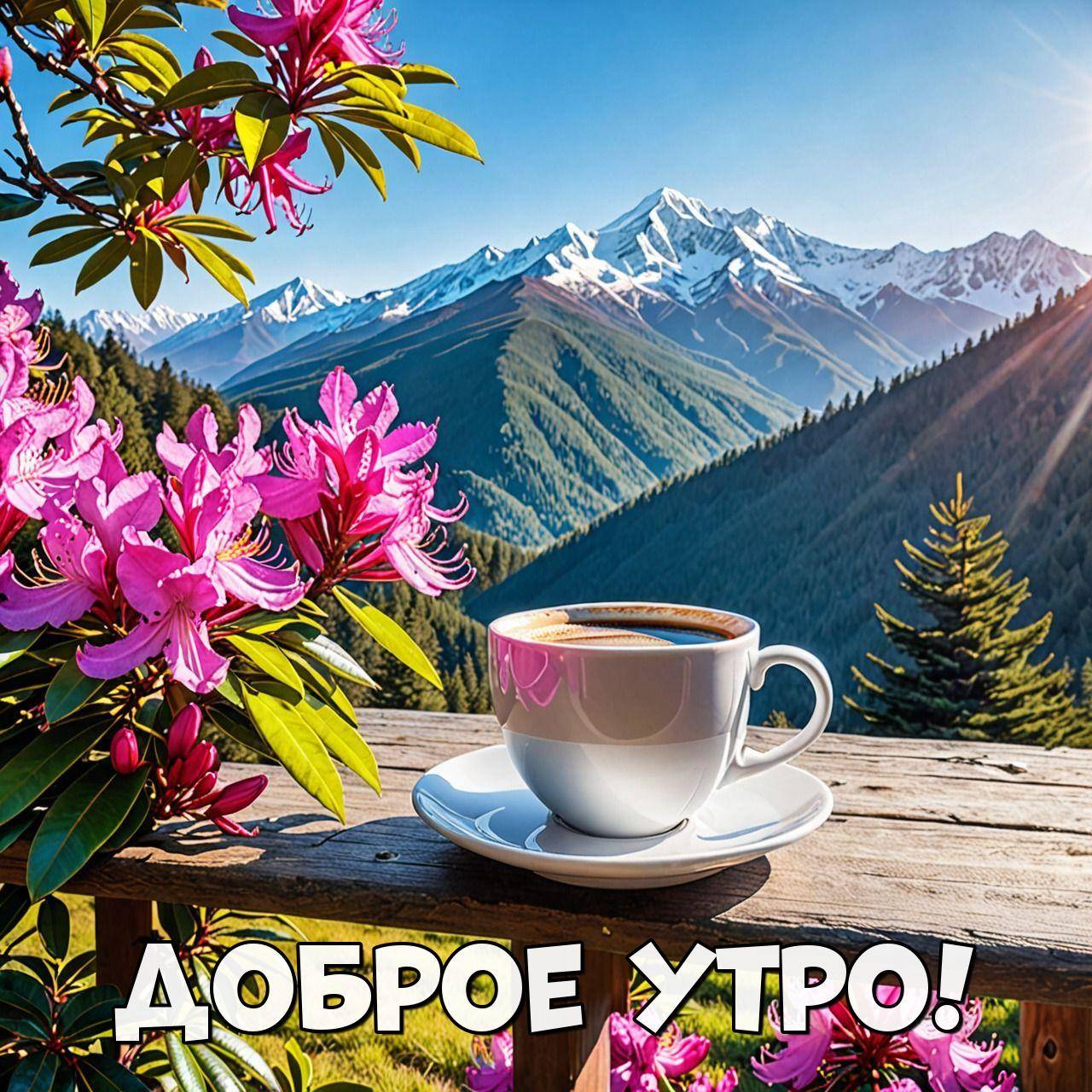 Утро, белая чашка с кофе, розовые цветы и горы