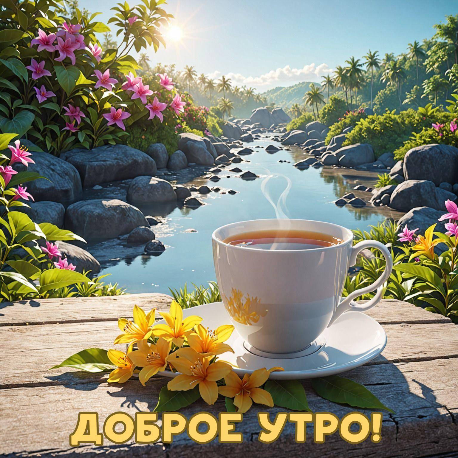 Утро, белая чашка с напитком и желтые цветы на фоне реки