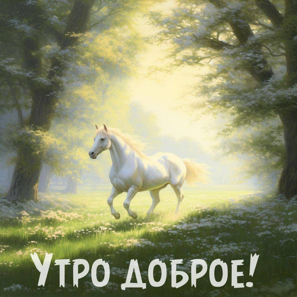 Утро, белая лошадь бежит по луговой поляне