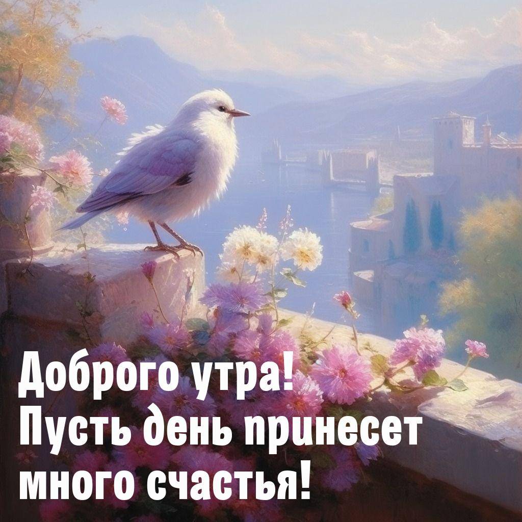 Утро, белая птичка на каменной стене с цветами
