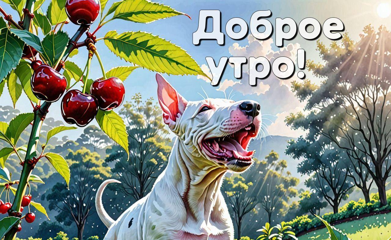 Утро, белая собака и красные вишни на фоне солнечного неба