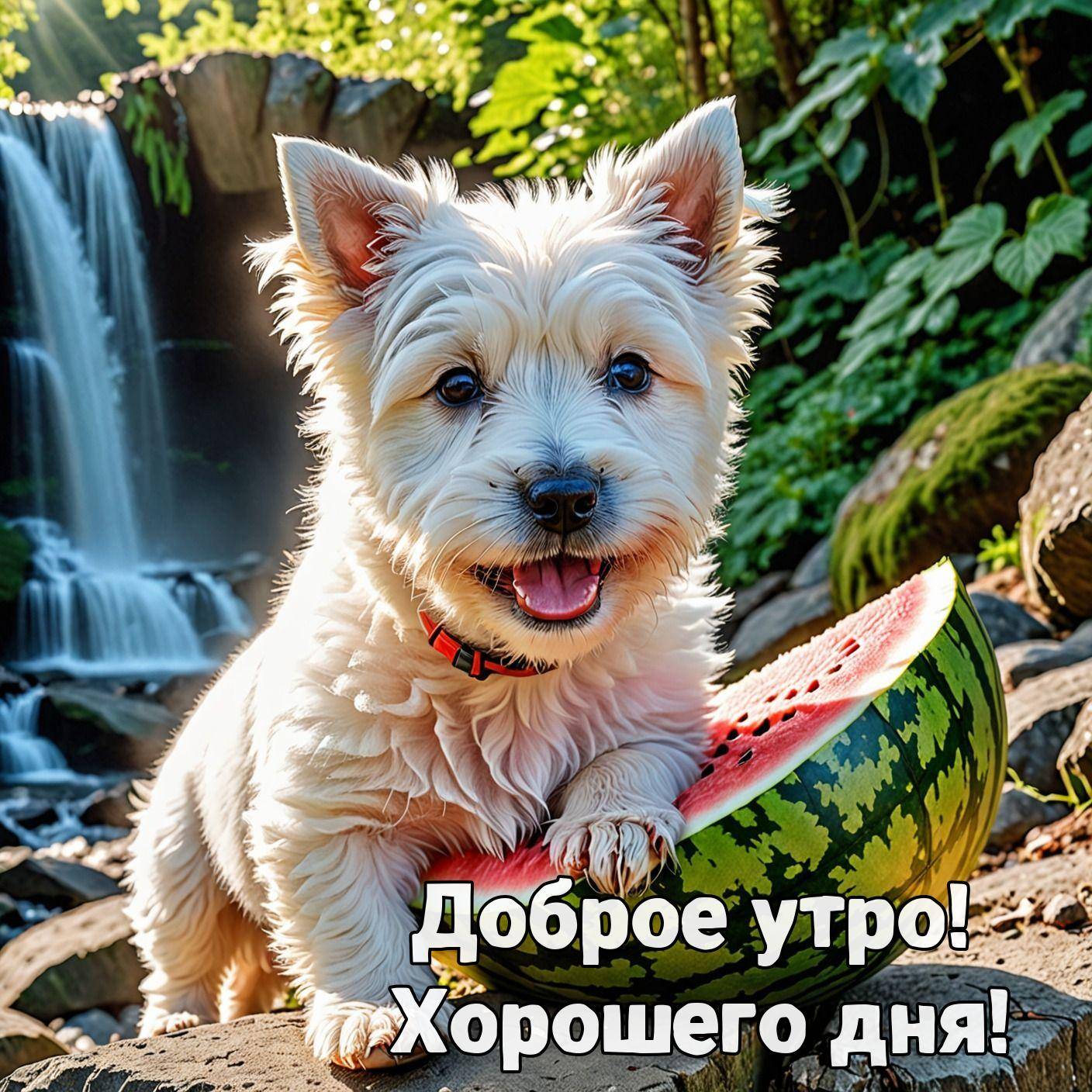 Утро, белая собака на половине арбуза на фоне природы
