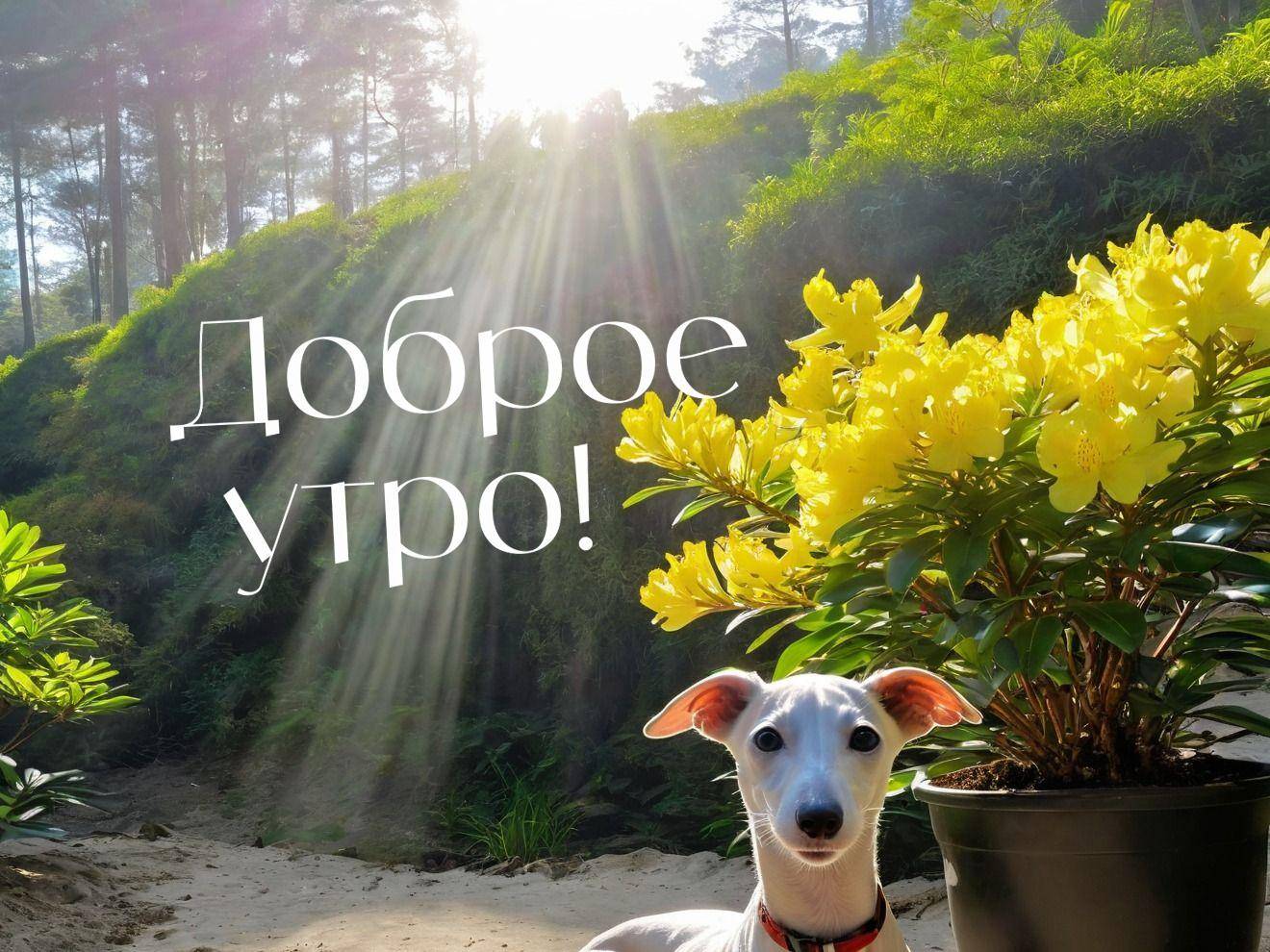 Утро, белая собака рядом с кустом с желтыми цветами