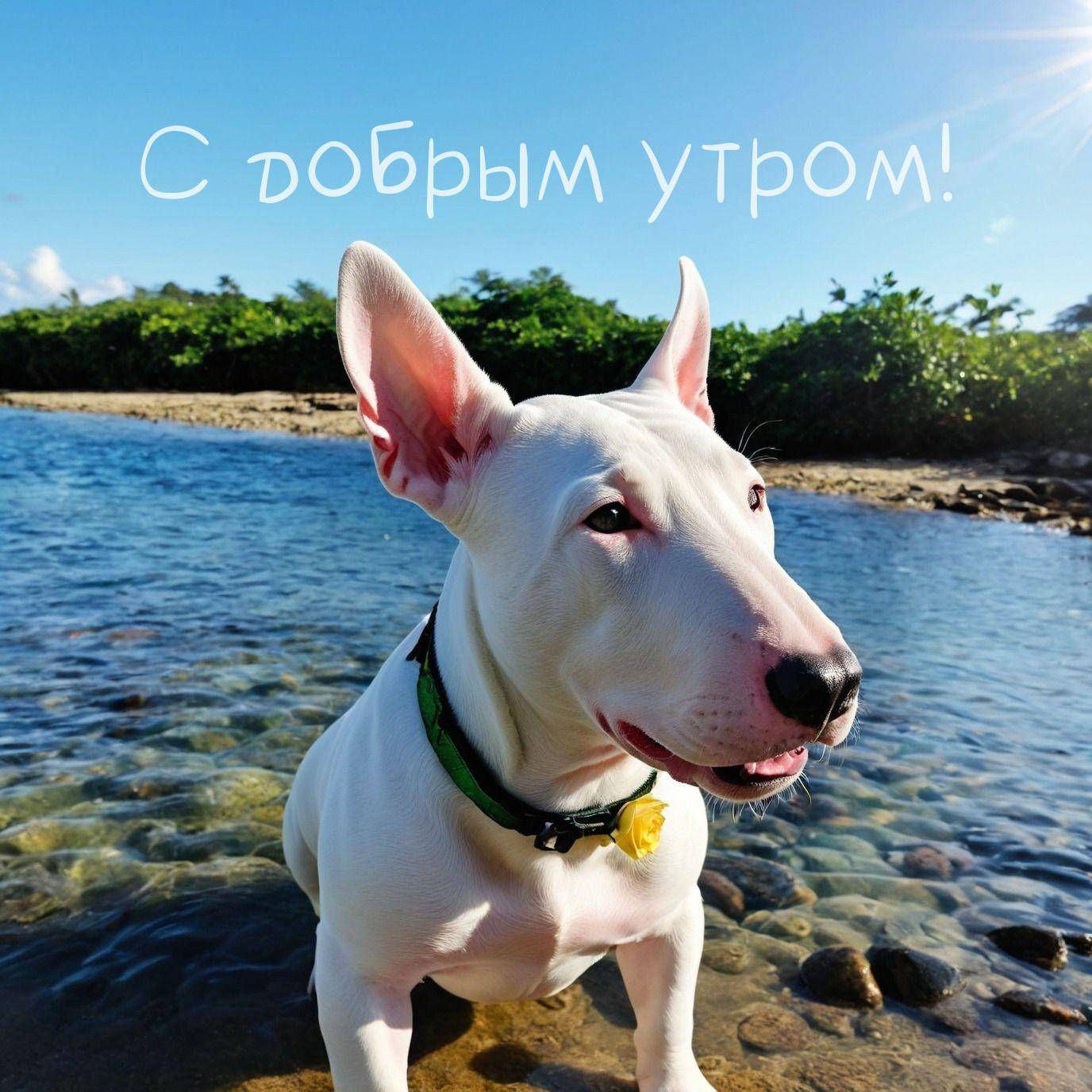 Утро, белый бультерьер на берегу водоёма, стоит в воде