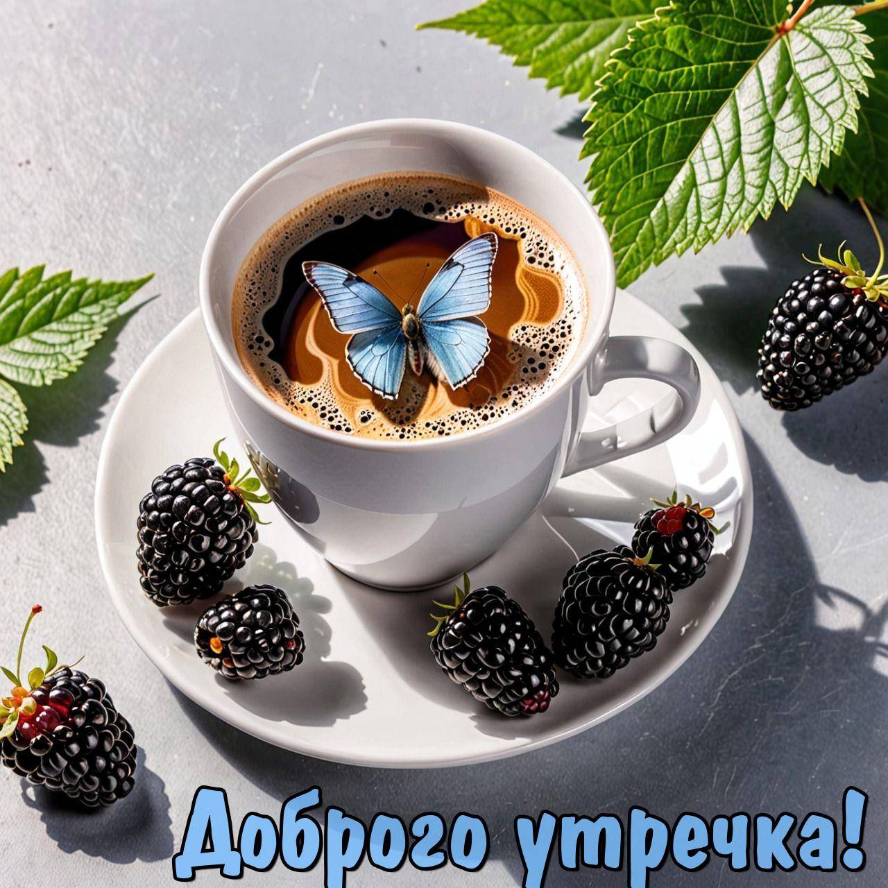 Утро, белый чайник с черным кофе и бабочкой