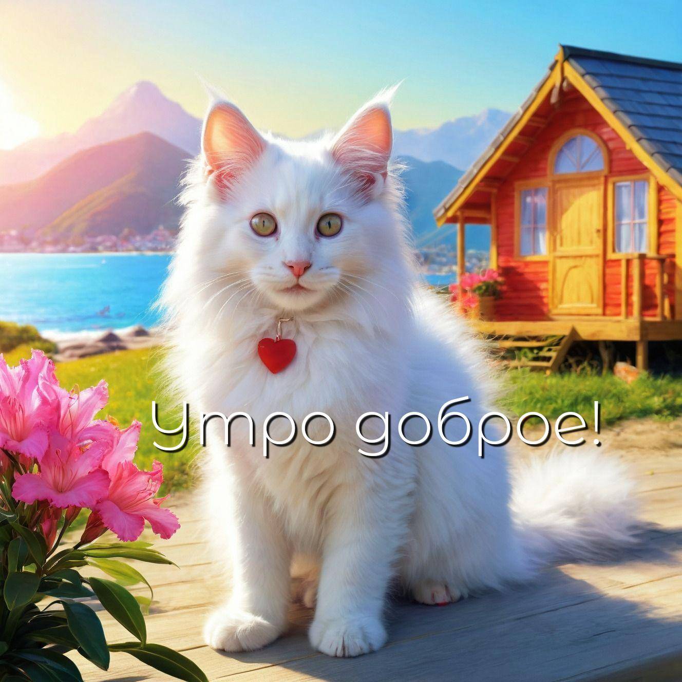 Утро, белый кот с зелеными глазами и красным кулоном