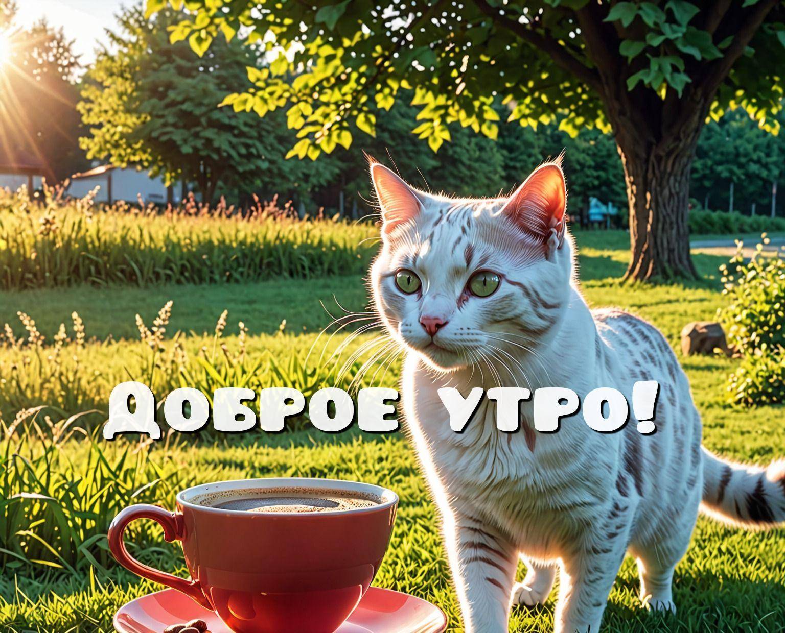 Утро, белый кот с зелёными глазами в парке