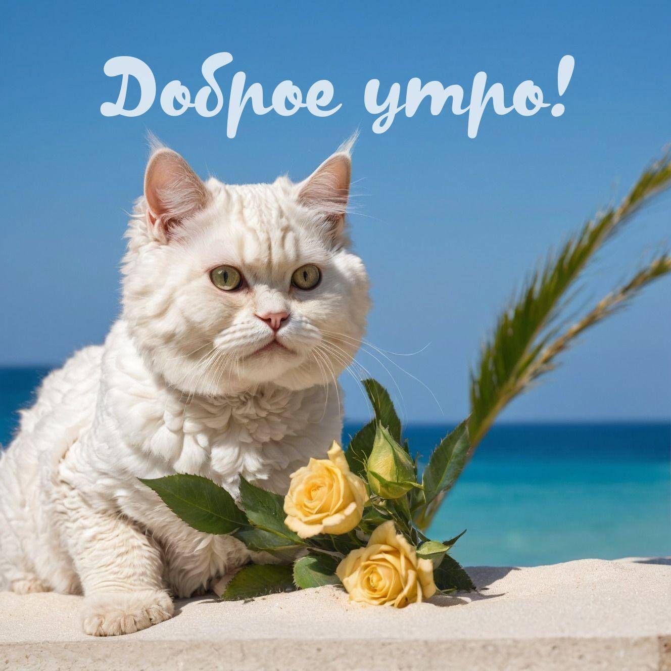 Утро, белый кот с жёлтыми розами у океана