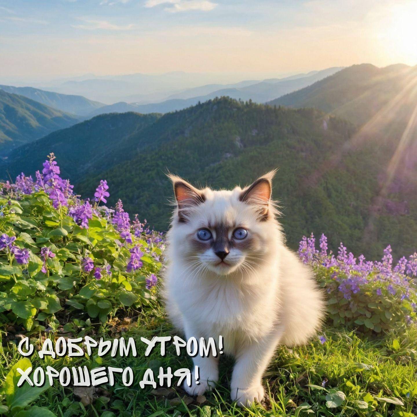 Утро, белый котенок на фоне гор с цветами