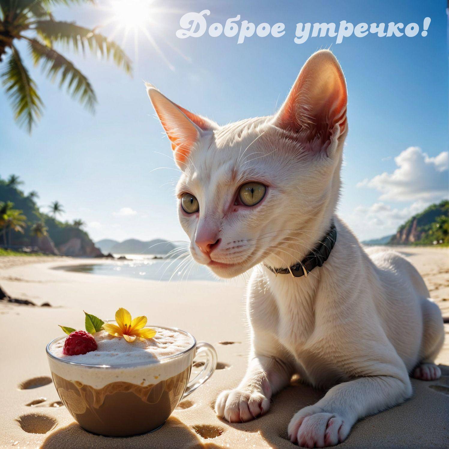 Утро, белый котенок на пляже рядом с чашкой кофе