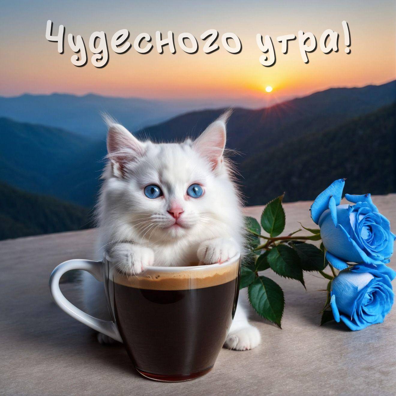 Утро, белый котенок в чашке синие розы фон горы солнце