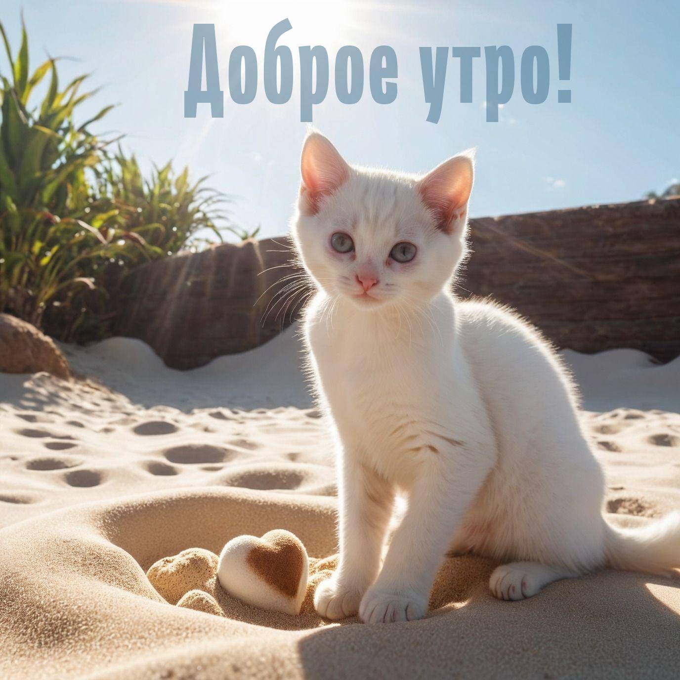 Утро, белый котёнок сидит на песке возле ямки в форме сердца