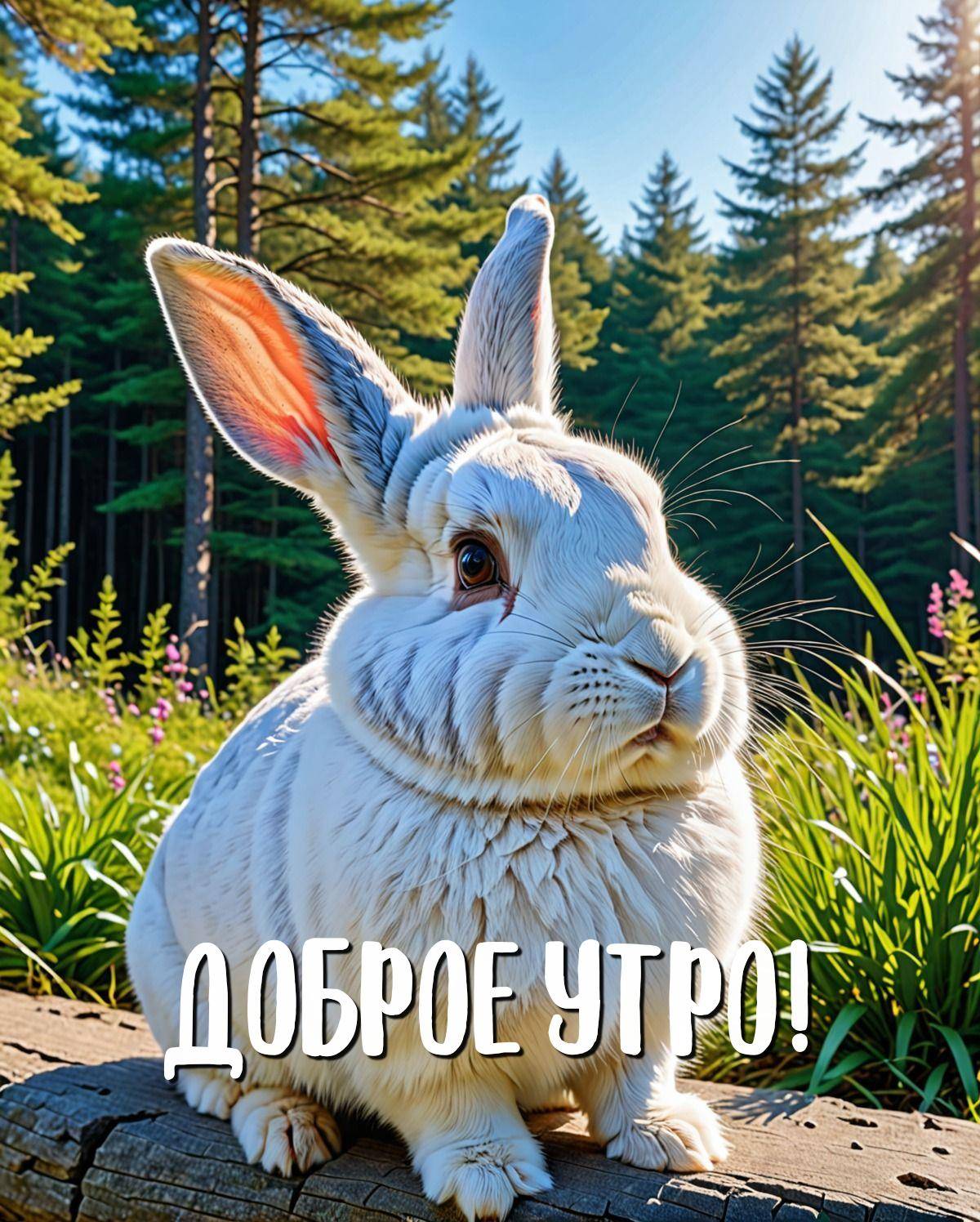 Утро, белый кролик на деревянной поверхности