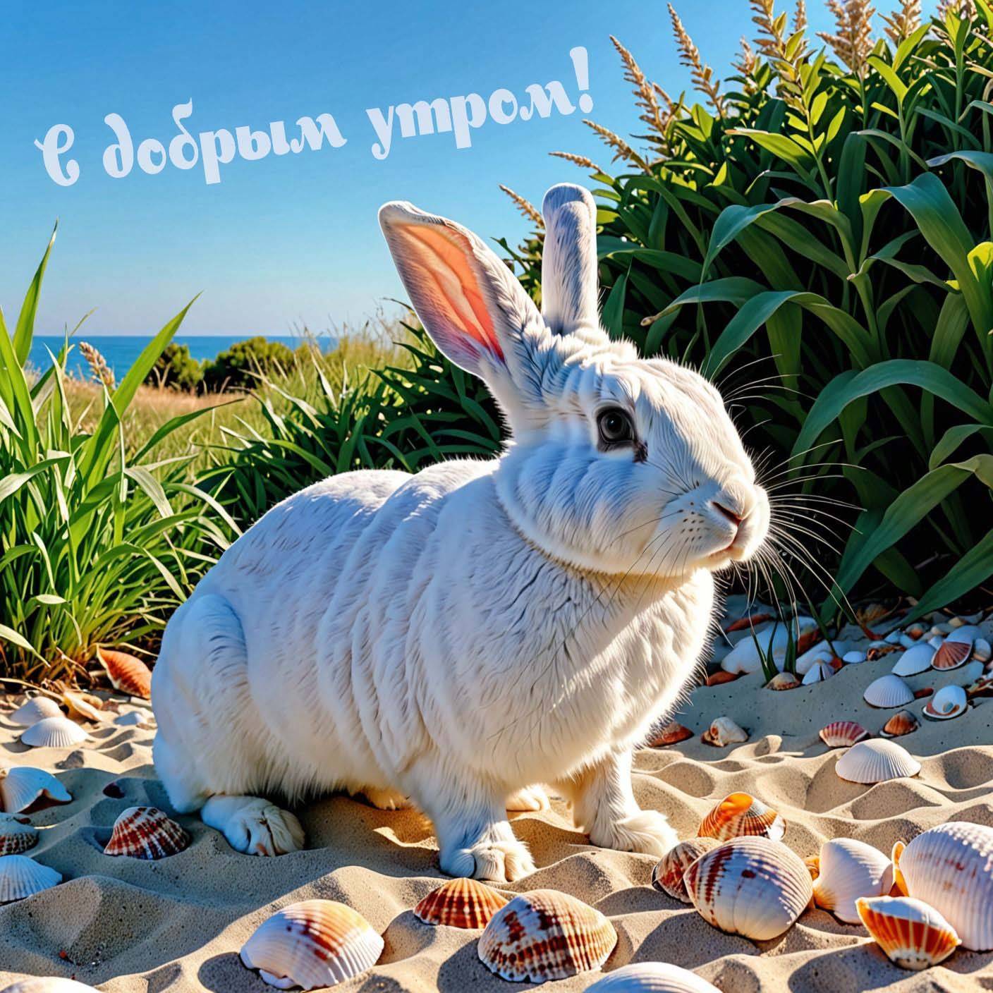 Утро, белый кролик на песке с ракушками