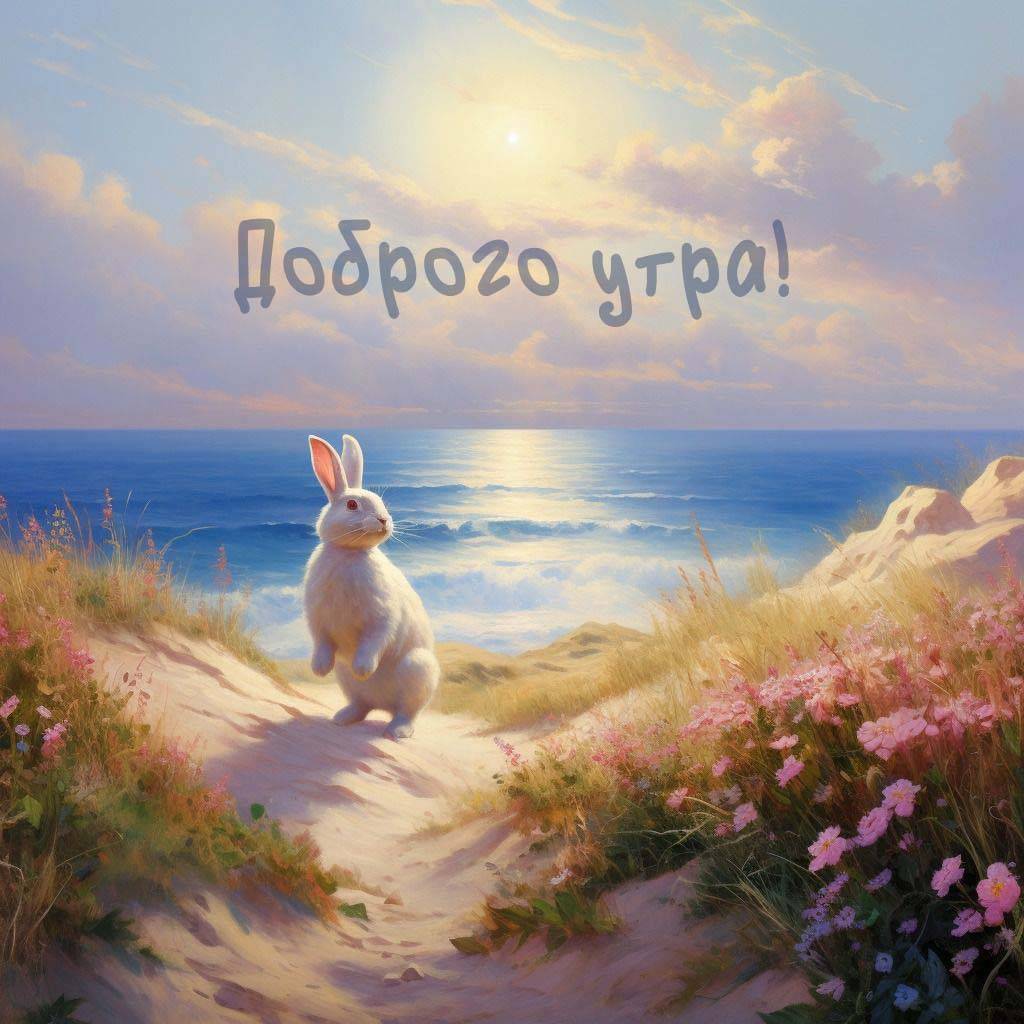 Утро, белый кролик на пляже с видом на океан
