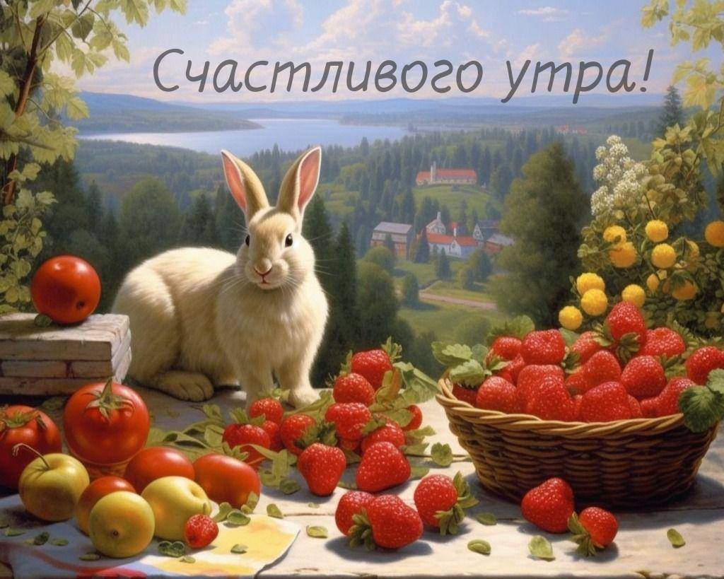 Утро, белый кролик на столе со свежими фруктами и овощами